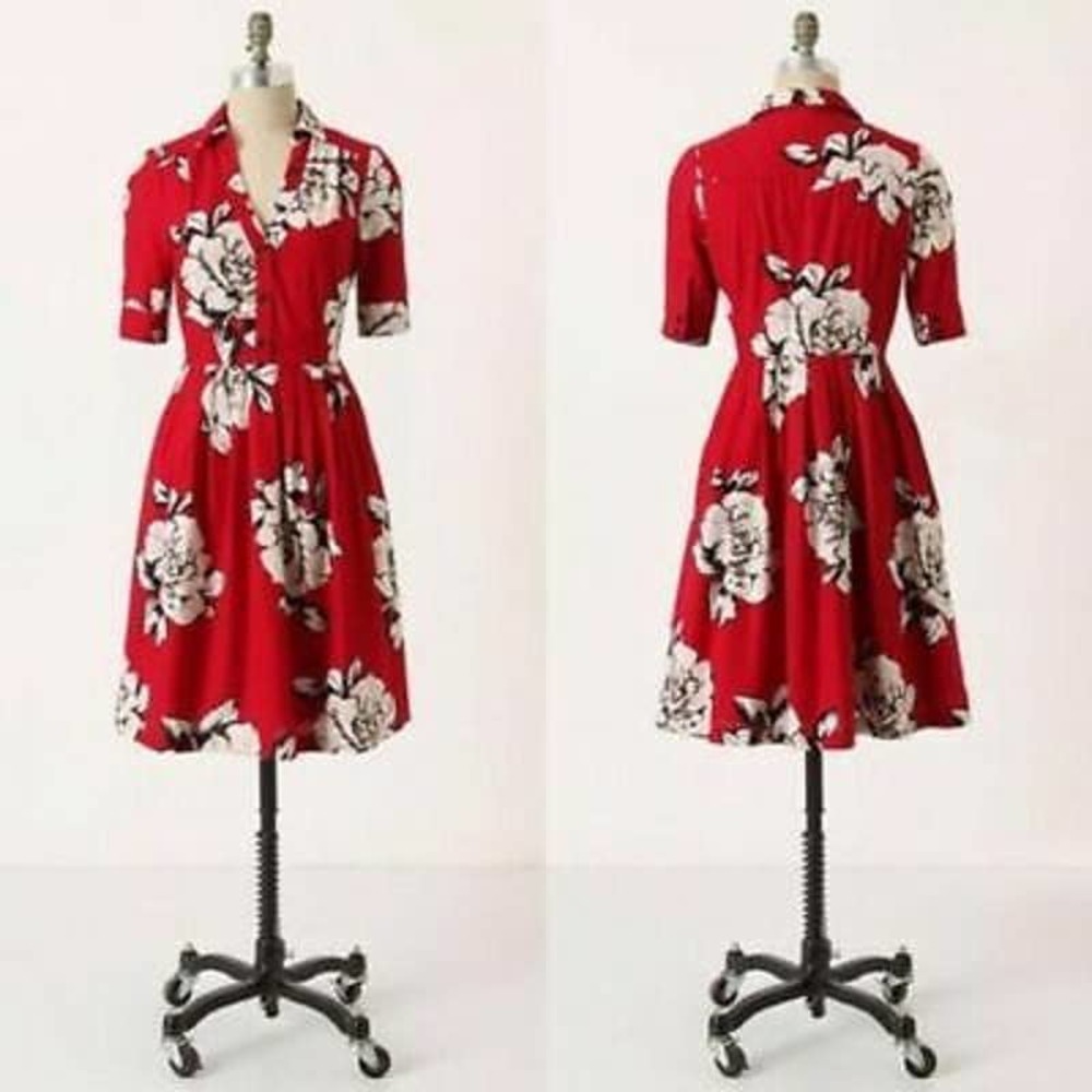 Maeve Women's size 4 Dagmar Red White Floral Button Down Shirt Dress Fit Flare